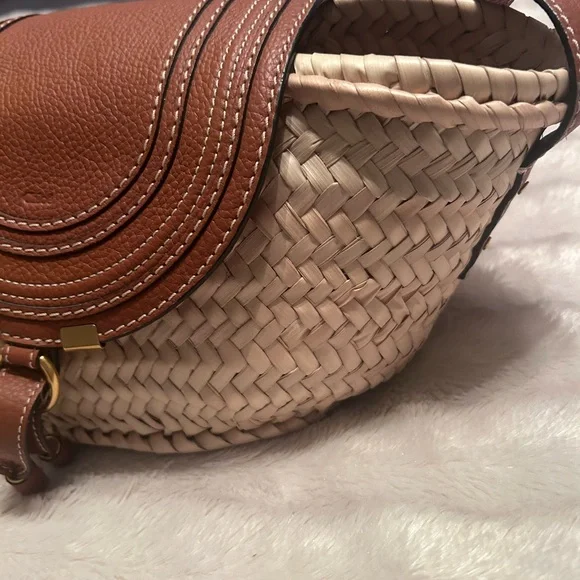 Chloe Marcie leather & raffia Tan Woven shoulder Bag basket crossbody - Picture 10 of 16